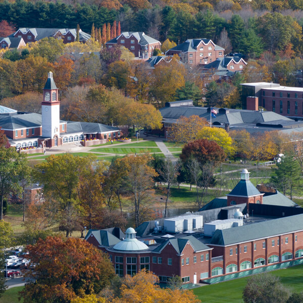 Aerial view of Mount Carmel Campus quad and academic buildings in autumn